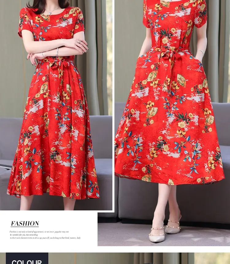 Mother's Summer Cotton Silk Dress Large Size Floral Over-the-Knee Long Dress — feature 27