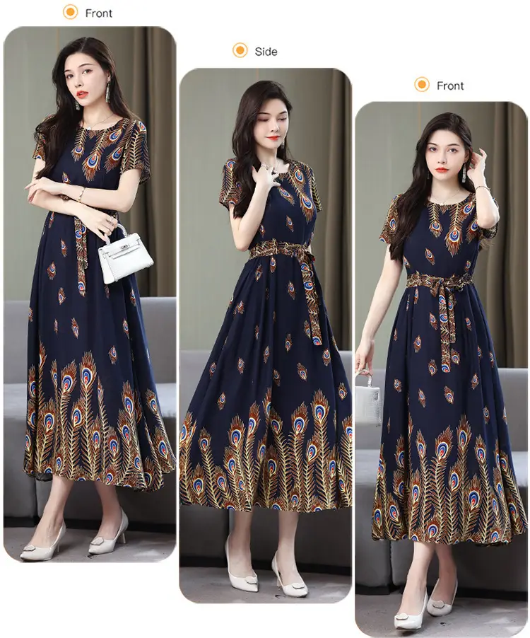 Mother's Summer Cotton Silk Dress Large Size Floral Over-the-Knee Long Dress — feature 28