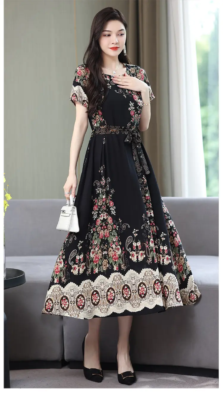 Mother's Summer Cotton Silk Dress Large Size Floral Over-the-Knee Long Dress — feature 29
