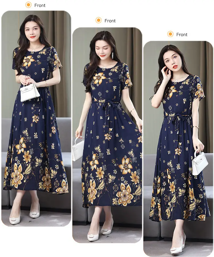 Mother's Summer Cotton Silk Dress Large Size Floral Over-the-Knee Long Dress — feature 30