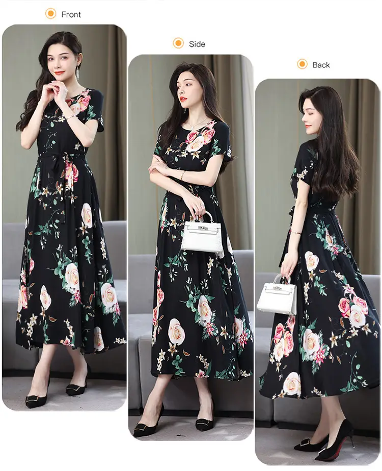Mother's Summer Cotton Silk Dress Large Size Floral Over-the-Knee Long Dress — feature 31