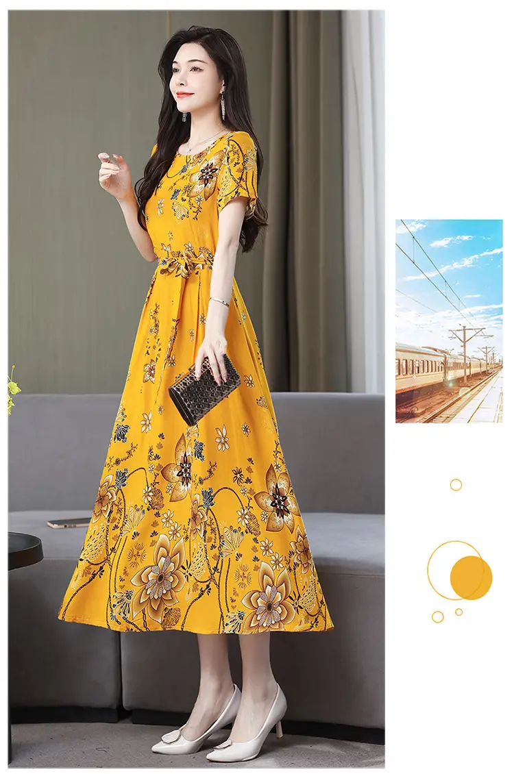 Mother's Summer Cotton Silk Dress Large Size Floral Over-the-Knee Long Dress — feature 32