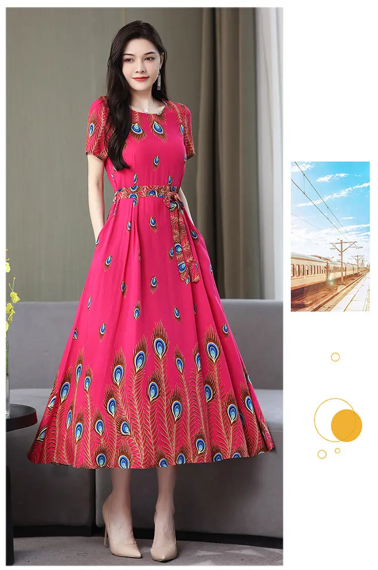 Mother's Summer Cotton Silk Dress Large Size Floral Over-the-Knee Long Dress — feature 33