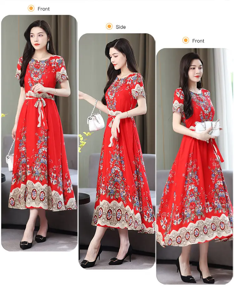 Mother's Summer Cotton Silk Dress Large Size Floral Over-the-Knee Long Dress — feature 34