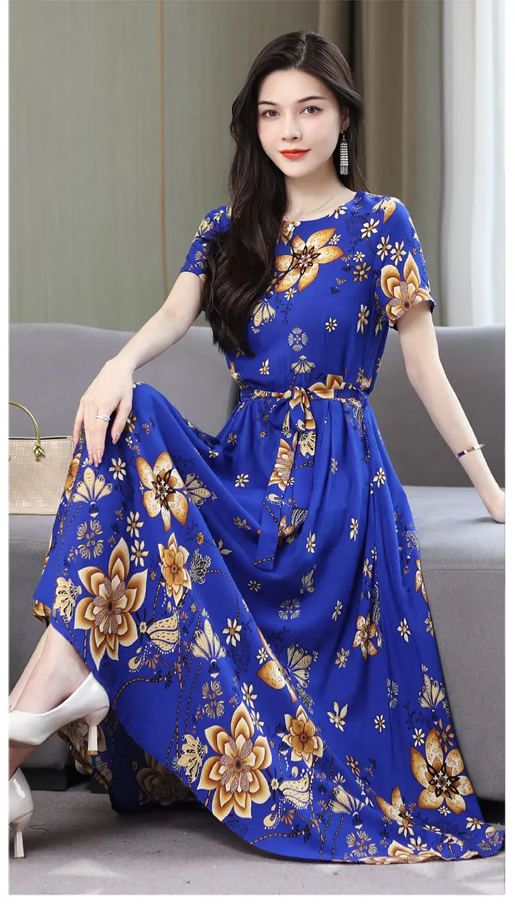 Mother's Summer Cotton Silk Dress Large Size Floral Over-the-Knee Long Dress — feature 35