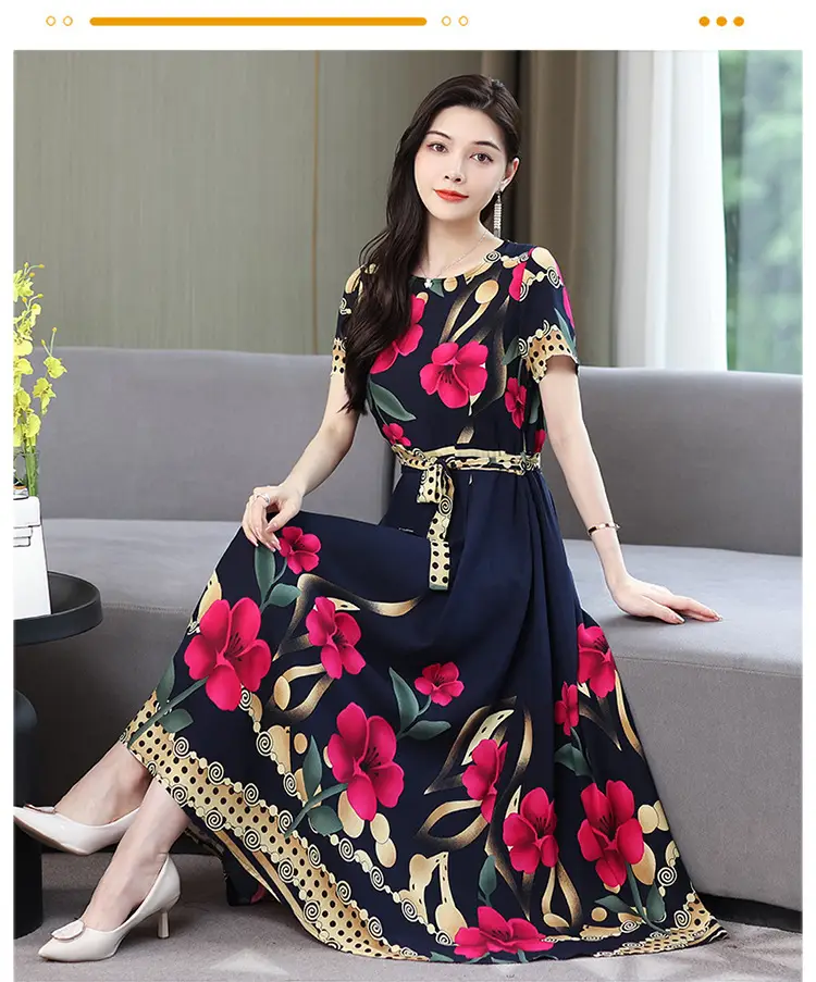 Mother's Summer Cotton Silk Dress Large Size Floral Over-the-Knee Long Dress — feature 36