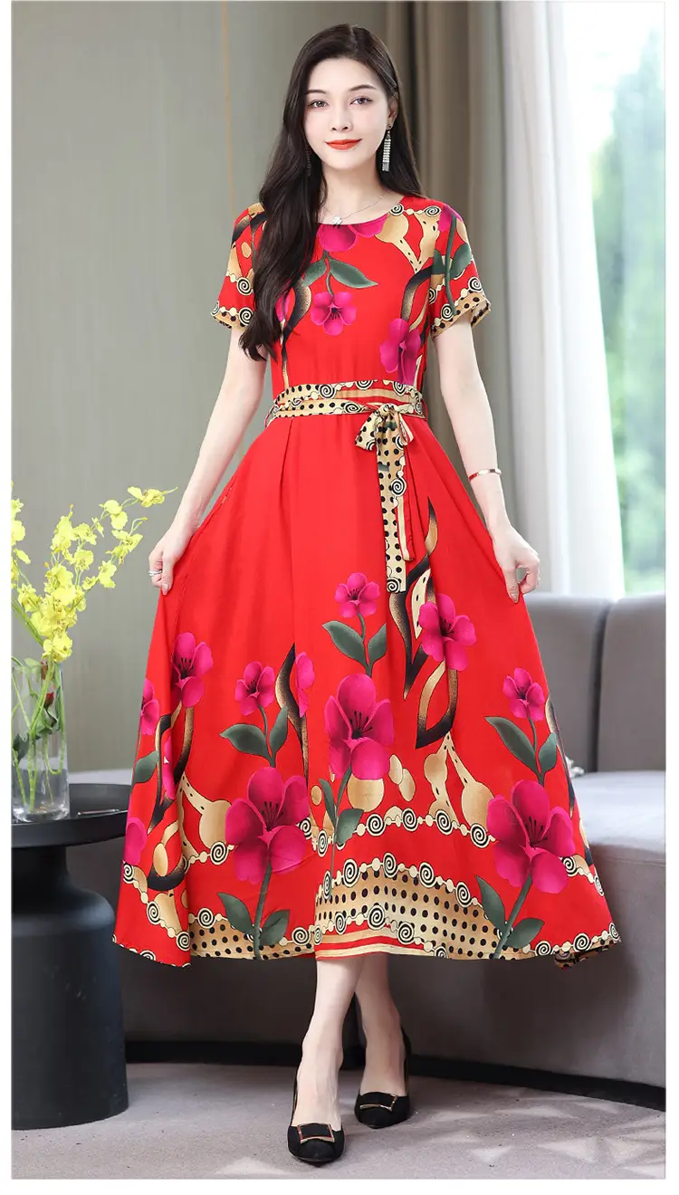 Mother's Summer Cotton Silk Dress Large Size Floral Over-the-Knee Long Dress — feature 37