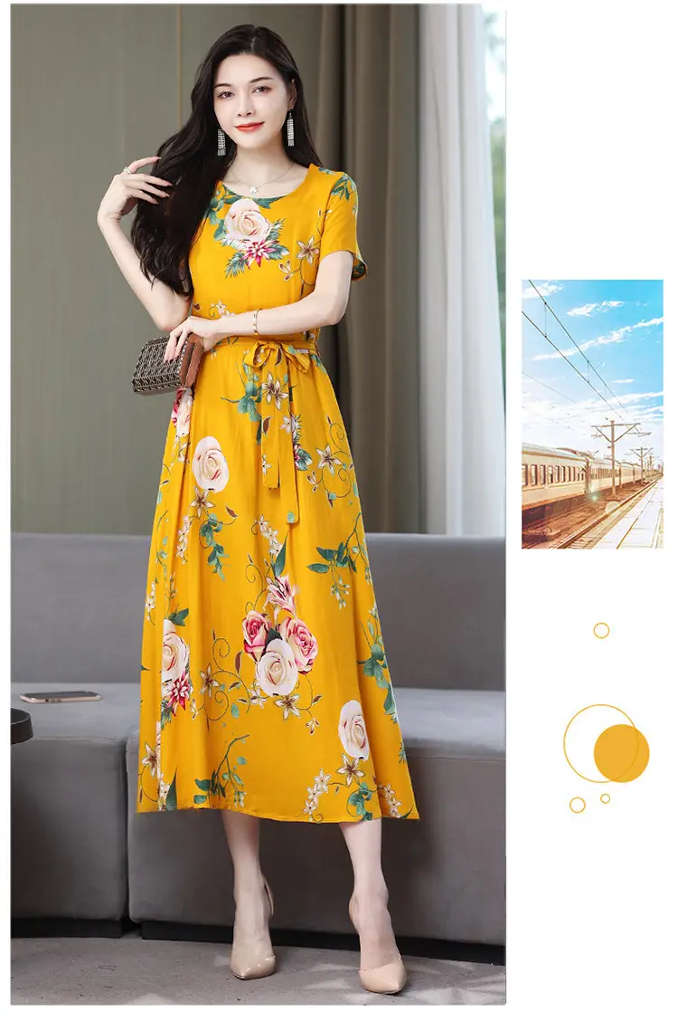 Mother's Summer Cotton Silk Dress Large Size Floral Over-the-Knee Long Dress — feature 38