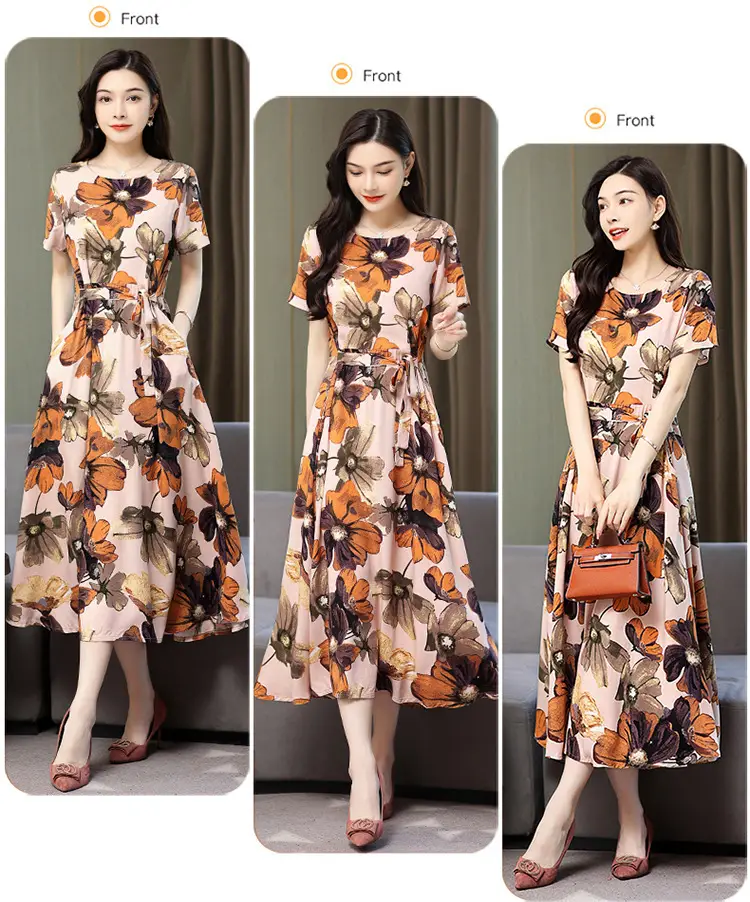 Mother's Summer Cotton Silk Dress Large Size Floral Over-the-Knee Long Dress — feature 39