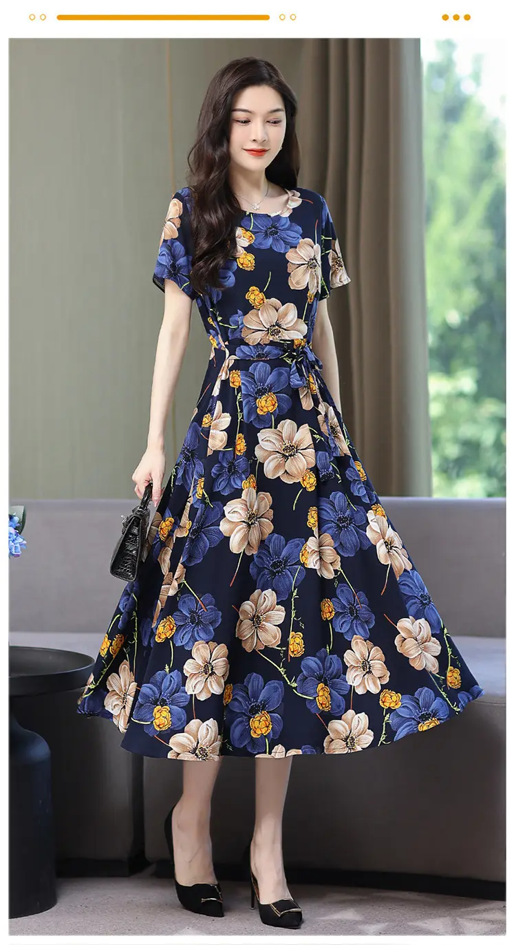 Mother's Summer Cotton Silk Dress Large Size Floral Over-the-Knee Long Dress — feature 41