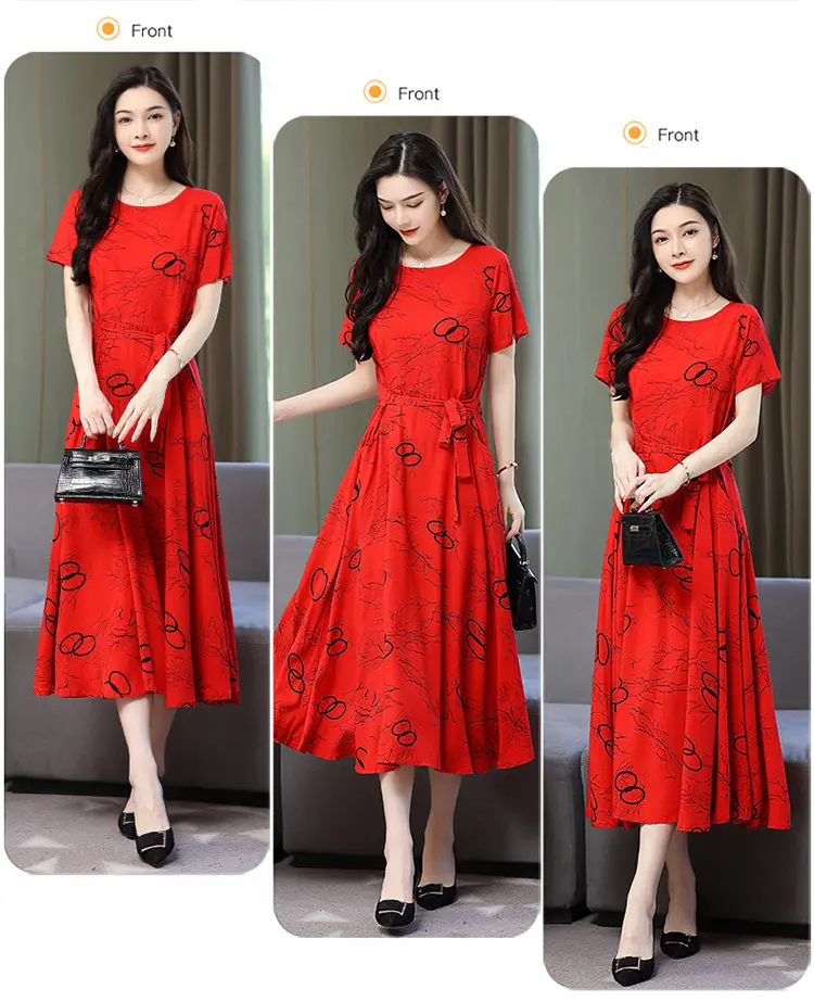 Mother's Summer Cotton Silk Dress Large Size Floral Over-the-Knee Long Dress — feature 42