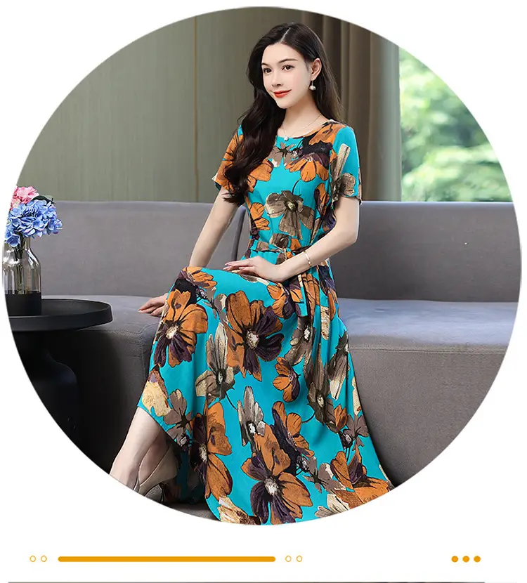 Mother's Summer Cotton Silk Dress Large Size Floral Over-the-Knee Long Dress — feature 43