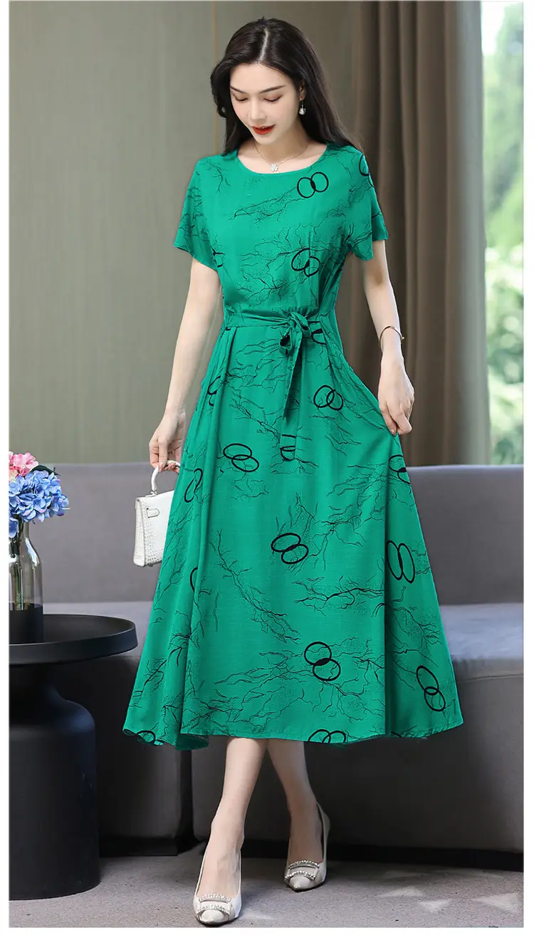 Mother's Summer Cotton Silk Dress Large Size Floral Over-the-Knee Long Dress — feature 44