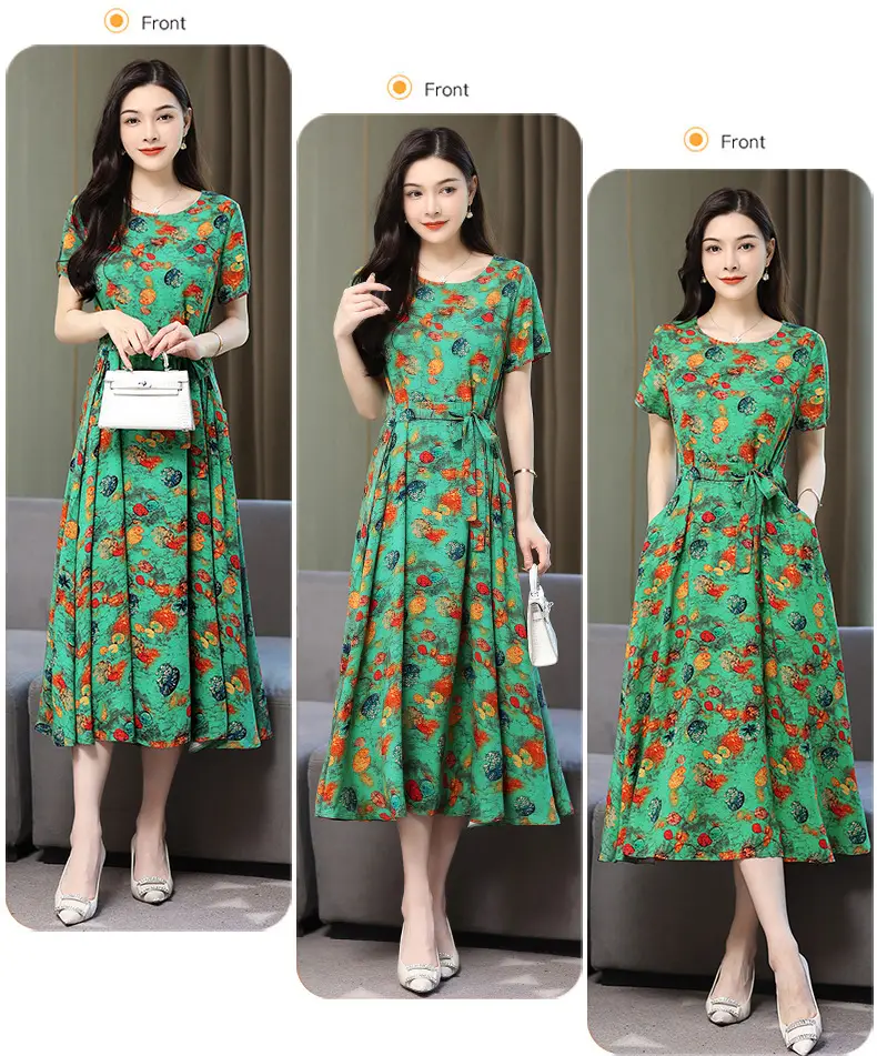 Mother's Summer Cotton Silk Dress Large Size Floral Over-the-Knee Long Dress — feature 45
