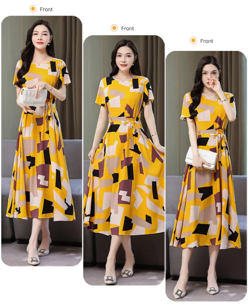 Mother's Summer Cotton Silk Dress Large Size Floral Over-the-Knee Long Dress — feature 48