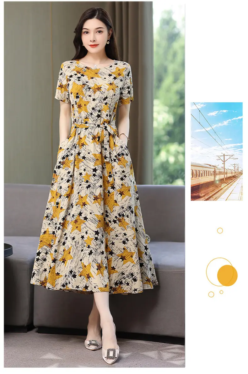 Mother's Summer Cotton Silk Dress Large Size Floral Over-the-Knee Long Dress — feature 49