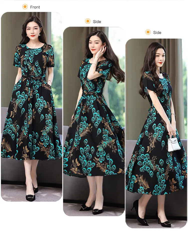 Mother's Summer Cotton Silk Dress Large Size Floral Over-the-Knee Long Dress — feature 51