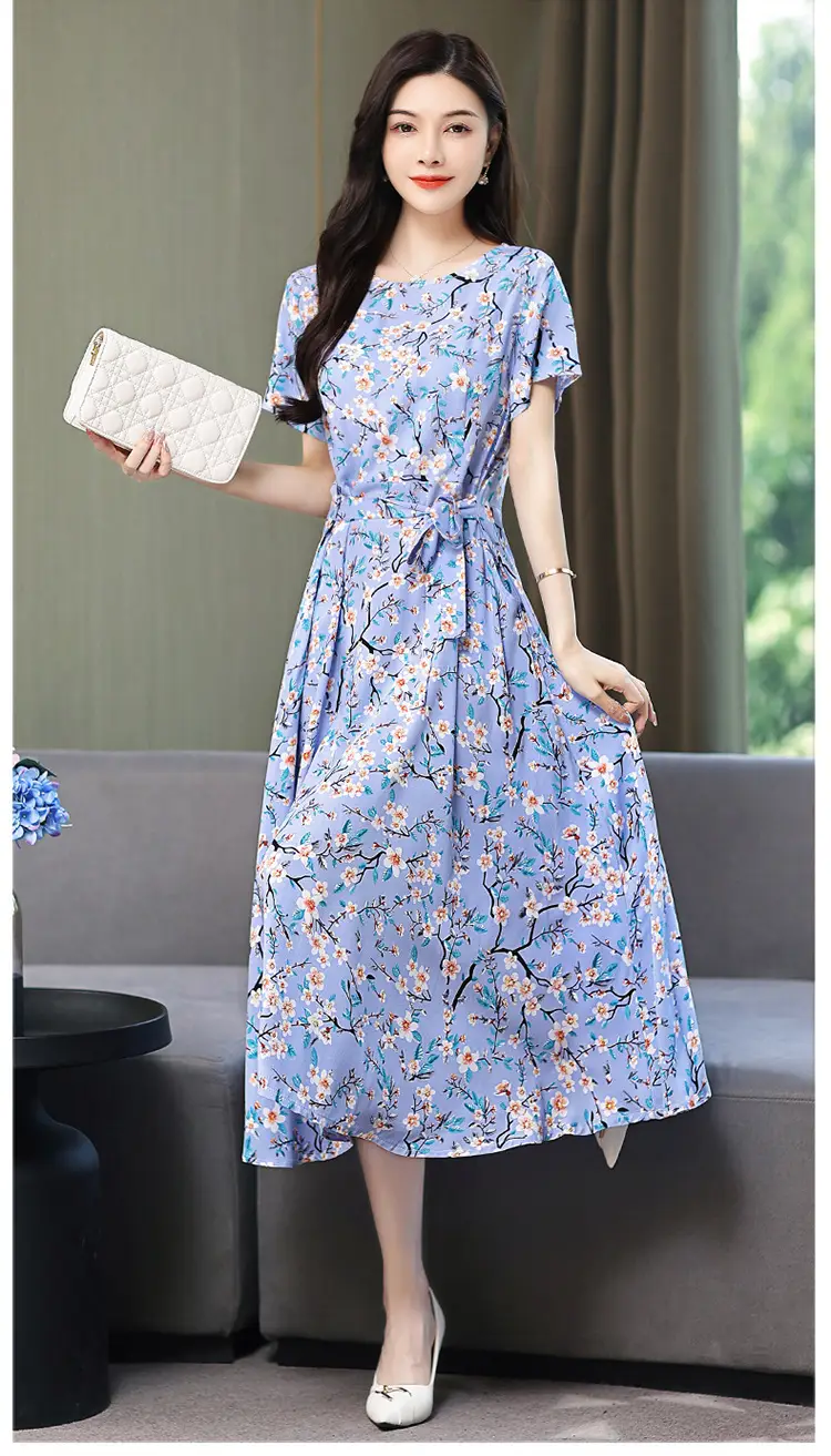 Mother's Summer Cotton Silk Dress Large Size Floral Over-the-Knee Long Dress — feature 52