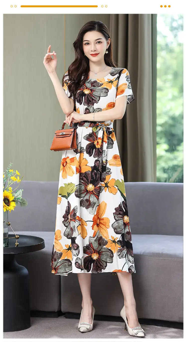 Mother's Summer Cotton Silk Dress Large Size Floral Over-the-Knee Long Dress — feature 53