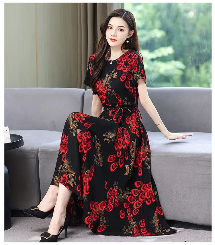 Mother's Summer Cotton Silk Dress Large Size Floral Over-the-Knee Long Dress — feature 54