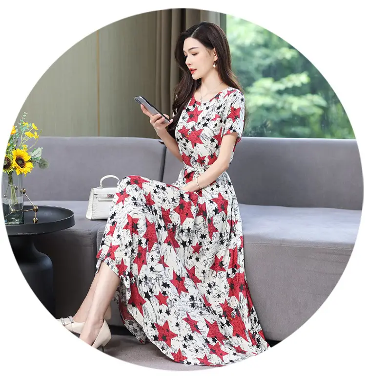 Mother's Summer Cotton Silk Dress Large Size Floral Over-the-Knee Long Dress — feature 55
