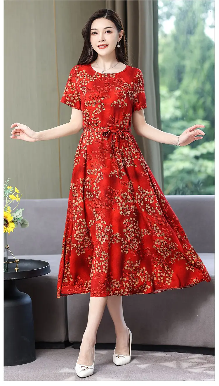 Mother's Summer Cotton Silk Dress Large Size Floral Over-the-Knee Long Dress — feature 56