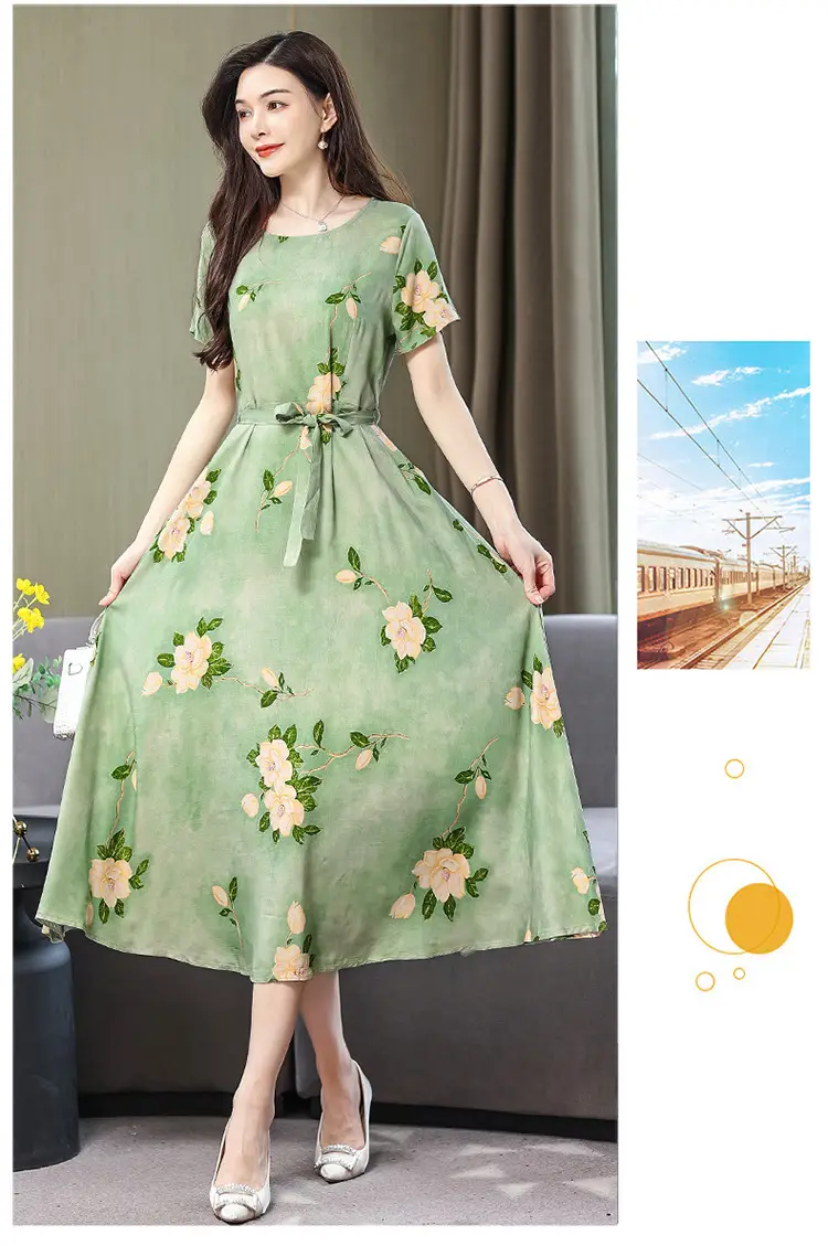 Mother's Summer Cotton Silk Dress Large Size Floral Over-the-Knee Long Dress — feature 57