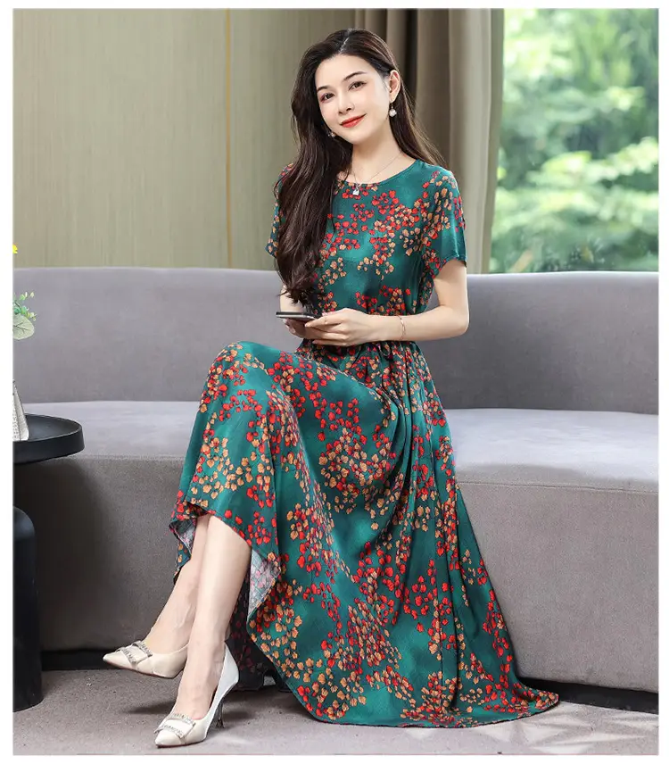 Mother's Summer Cotton Silk Dress Large Size Floral Over-the-Knee Long Dress — feature 58