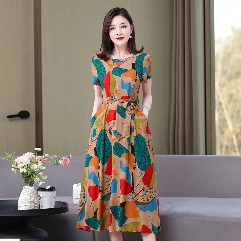 Mother's Summer Cotton Silk Dress Large Size Floral Over-the-Knee Long Dress - Image 12