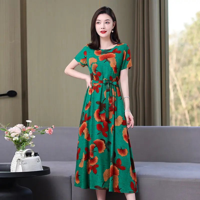 Mother's Summer Cotton Silk Dress Large Size Floral Over-the-Knee Long Dress - Image 13