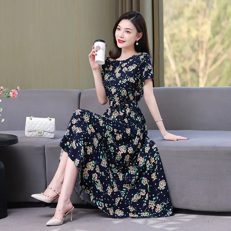 Mother's Summer Cotton Silk Dress Large Size Floral Over-the-Knee Long Dress - Image 14