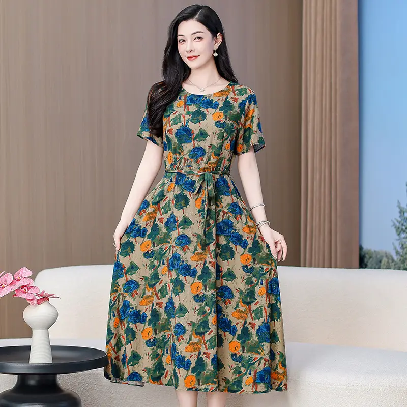 Mother's Summer Cotton Silk Dress Large Size Floral Over-the-Knee Long Dress - Image 15