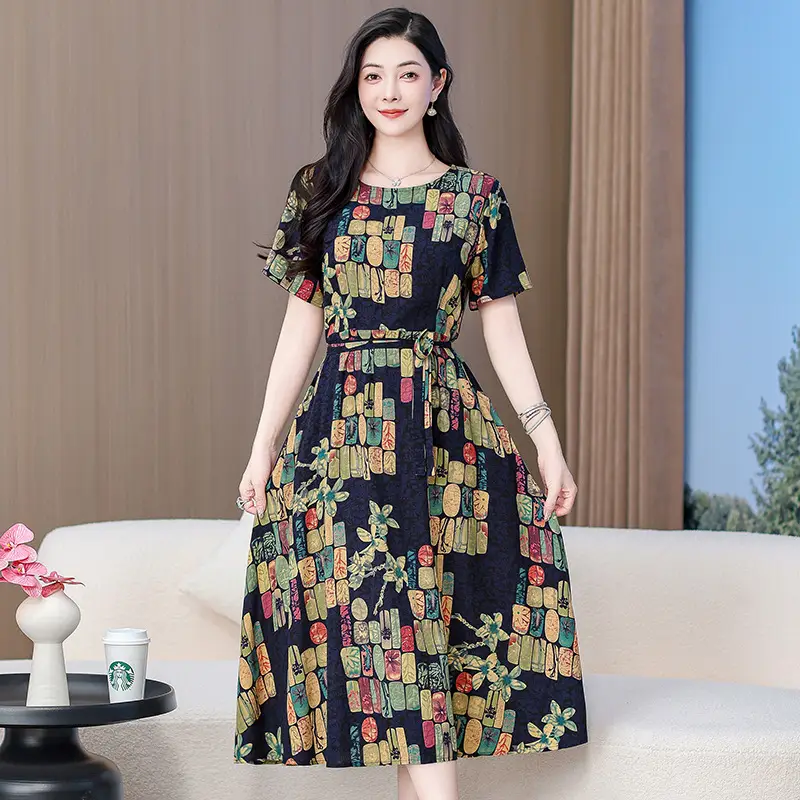 Mother's Summer Cotton Silk Dress Large Size Floral Over-the-Knee Long Dress - Image 17