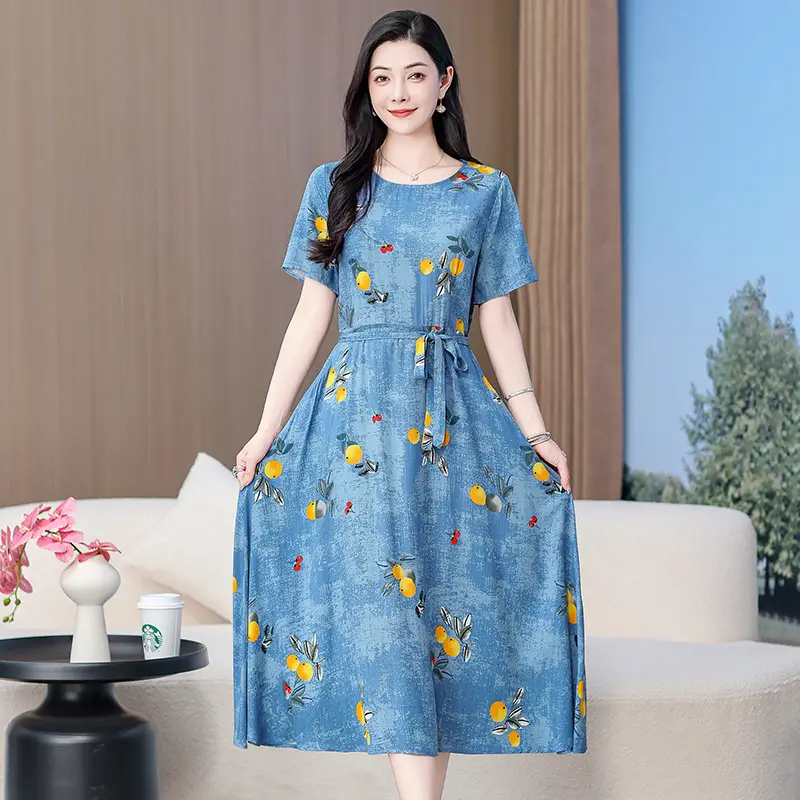 Mother's Summer Cotton Silk Dress Large Size Floral Over-the-Knee Long Dress - Image 18