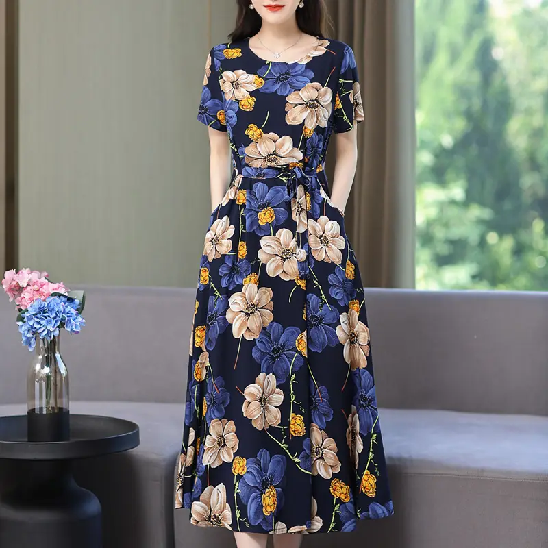 Mother's Summer Cotton Silk Dress Large Size Floral Over-the-Knee Long Dress - Image 2