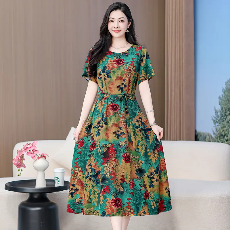 Mother's Summer Cotton Silk Dress Large Size Floral Over-the-Knee Long Dress - Image 20
