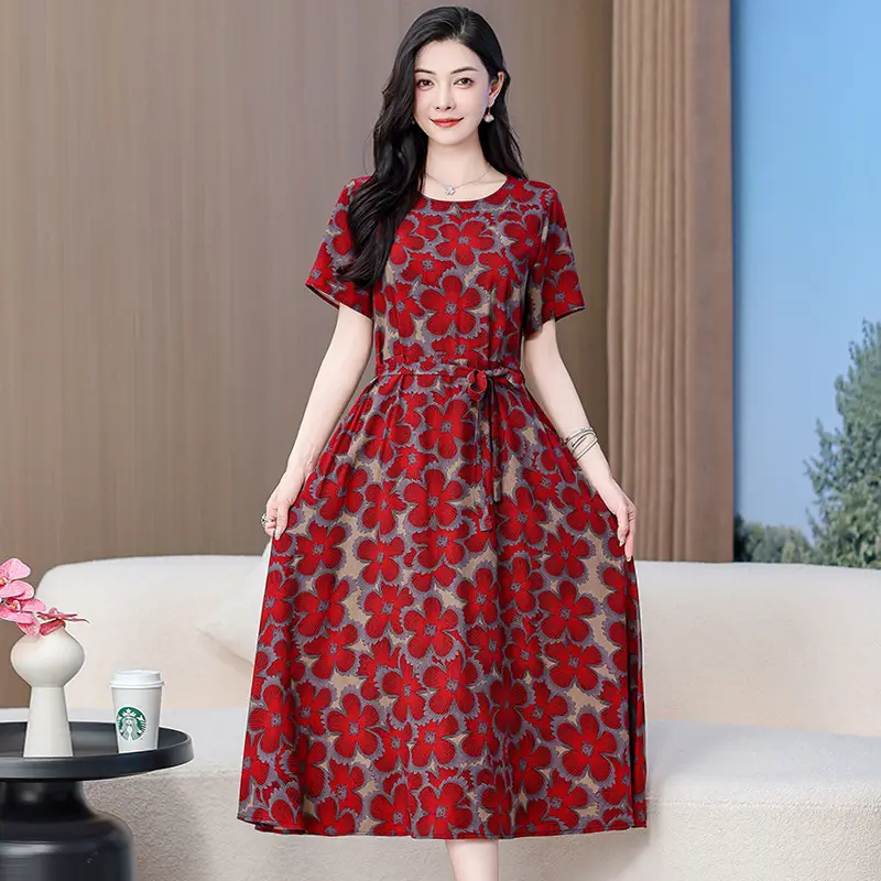 Mother's Summer Cotton Silk Dress Large Size Floral Over-the-Knee Long Dress - Image 21