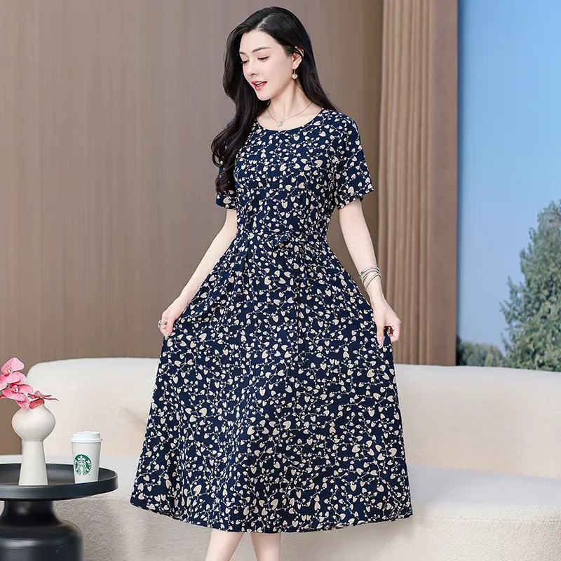 Mother's Summer Cotton Silk Dress Large Size Floral Over-the-Knee Long Dress - Image 24