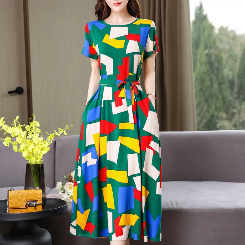 Mother's Summer Cotton Silk Dress Large Size Floral Over-the-Knee Long Dress - Image 3
