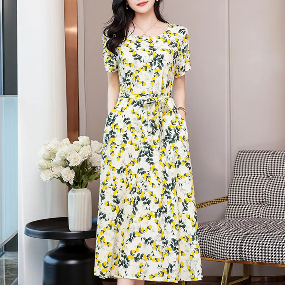 Mother's Summer Cotton Silk Dress Large Size Floral Over-the-Knee Long Dress - Image 4
