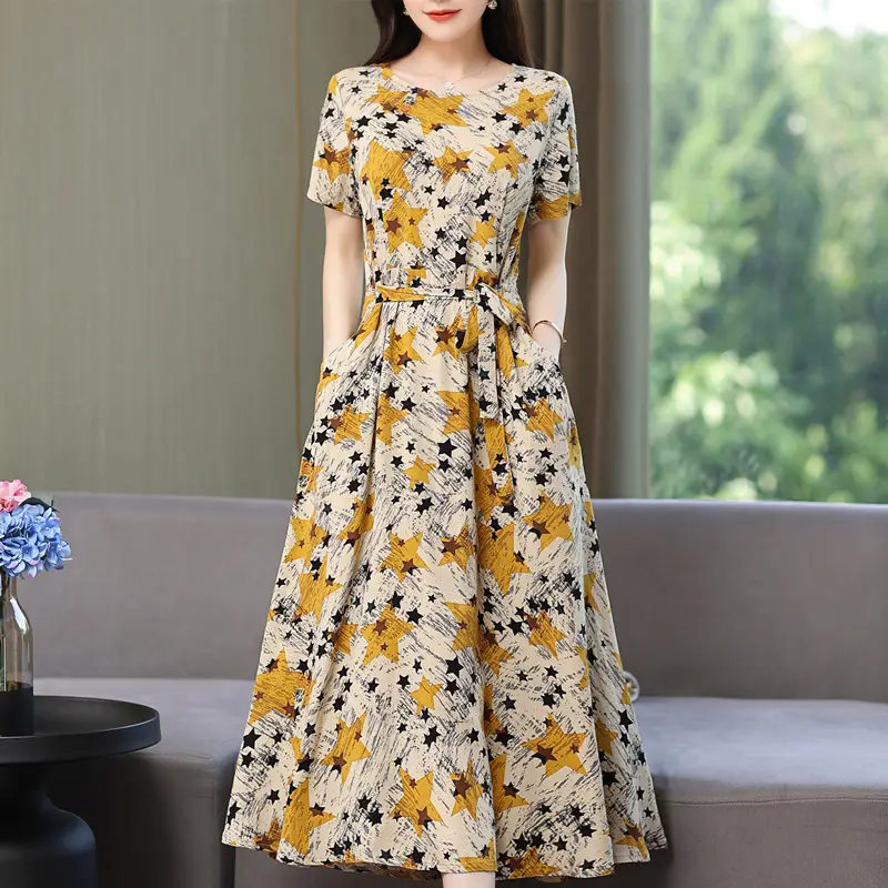 Mother's Summer Cotton Silk Dress Large Size Floral Over-the-Knee Long Dress - Image 5