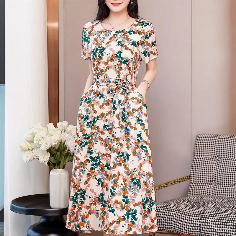 Mother's Summer Cotton Silk Dress Large Size Floral Over-the-Knee Long Dress - Image 6