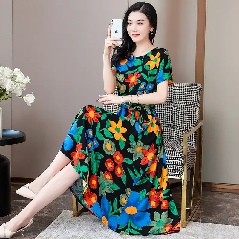 Mother's Summer Cotton Silk Dress Large Size Floral Over-the-Knee Long Dress - Image 7