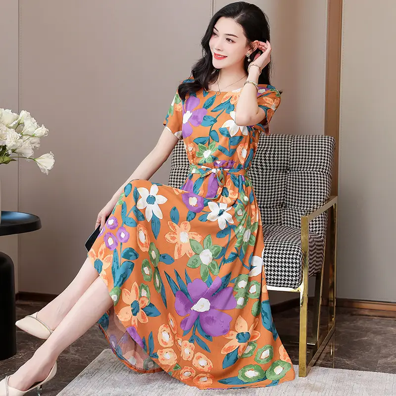 Mother's Summer Cotton Silk Dress Large Size Floral Over-the-Knee Long Dress - Image 8