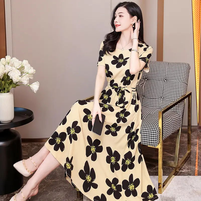 Mother's Summer Cotton Silk Dress Large Size Floral Over-the-Knee Long Dress - Image 9