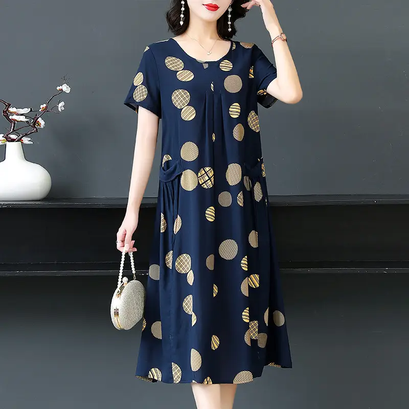 Plus Size Floral Cotton Silk Mid Length Dress 150kg