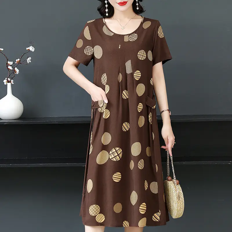Plus Size Floral Cotton Silk Mid Length Dress 150kg
