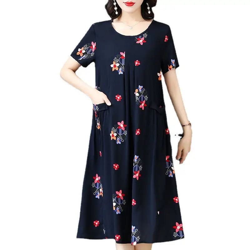 Plus Size Floral Cotton Silk Mid Length Dress 150kg