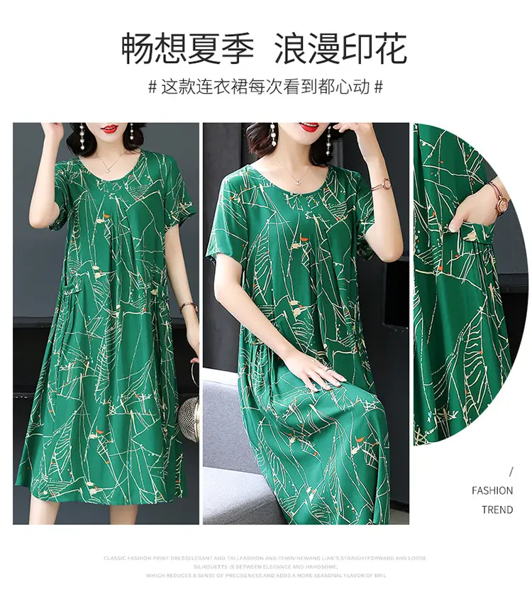 Plus Size Floral Cotton Silk Mid Length Dress 150kg — feature 14