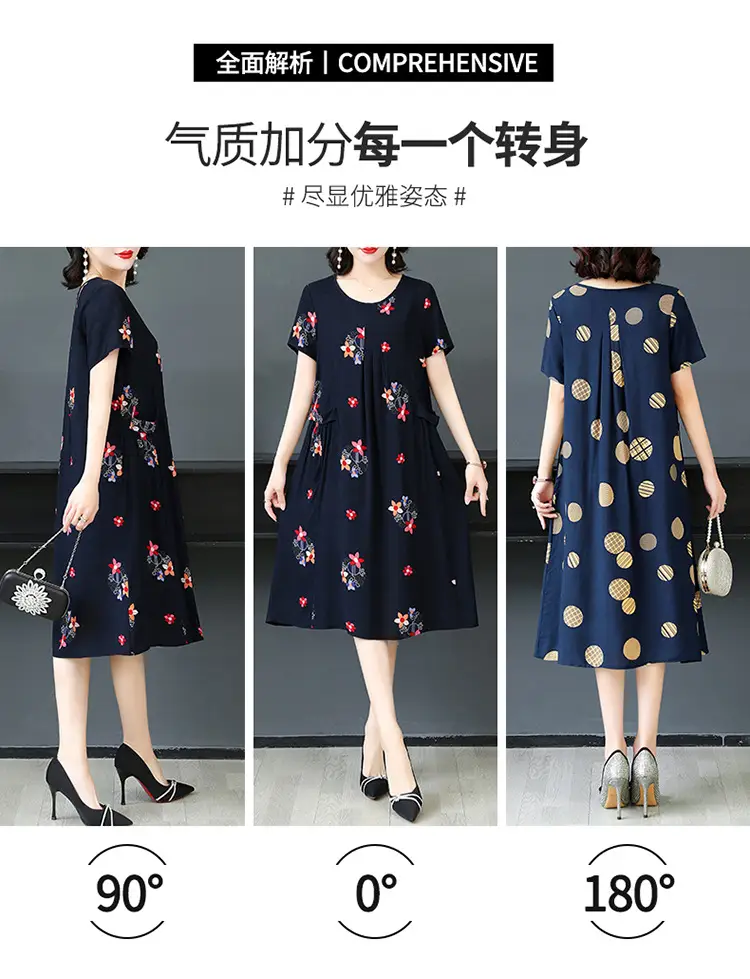 Plus Size Floral Cotton Silk Mid Length Dress 150kg — feature 30